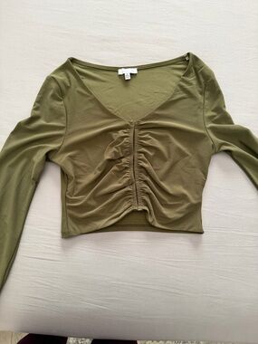 Blashe Olive Green Ruched Long Sleeve V-Neck Cut-Out Crop Top